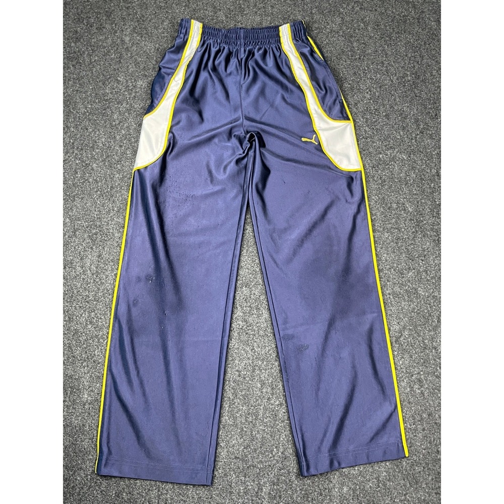 Y2K Puma Boys Track Pants Navy Blue Yellow Side Stripe Wide Leg Athletic M